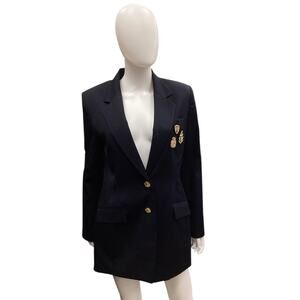 Vintage Anne Klein Women’s Blazer Size 8 Crest Emblems Gold Buttons Navy Blue